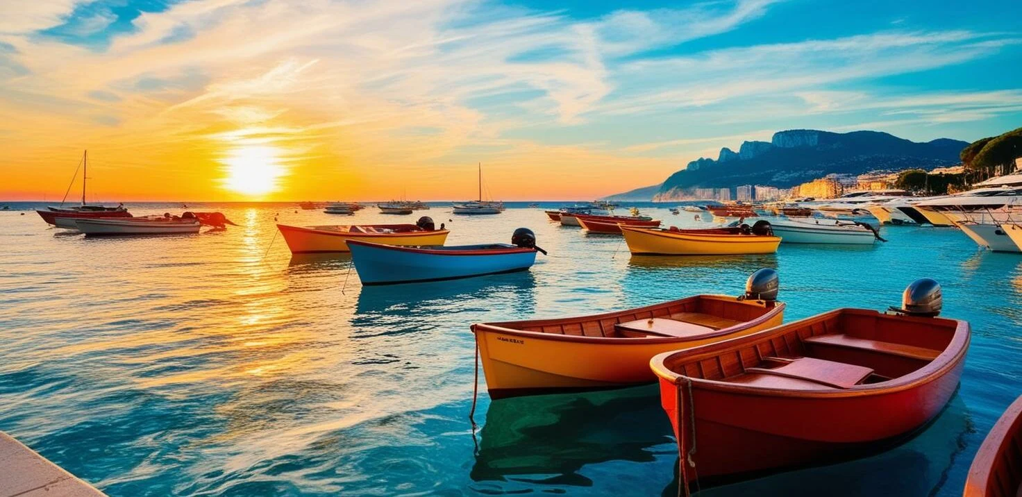 Boats along the Mediterranean coastline at sunset in Cannes